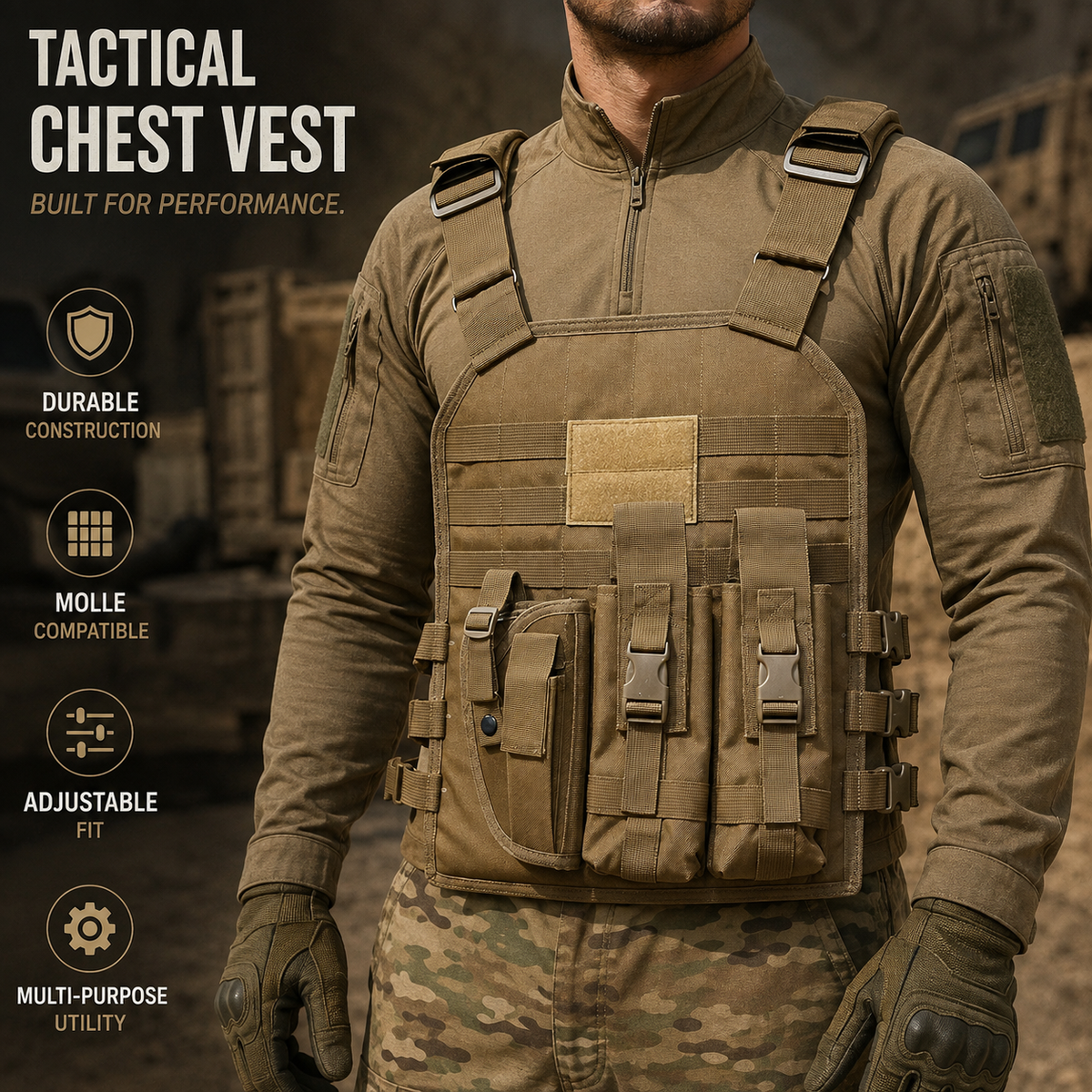 Military vest for 2 mags and 1 holster - Golden Color